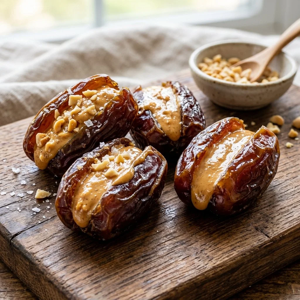 Delicious Peanut Butter Stuffed Dates arranged in a plate.