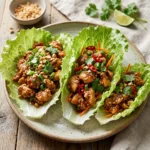 Peanut chicken lettuce wraps served on a plate with fresh vegetables