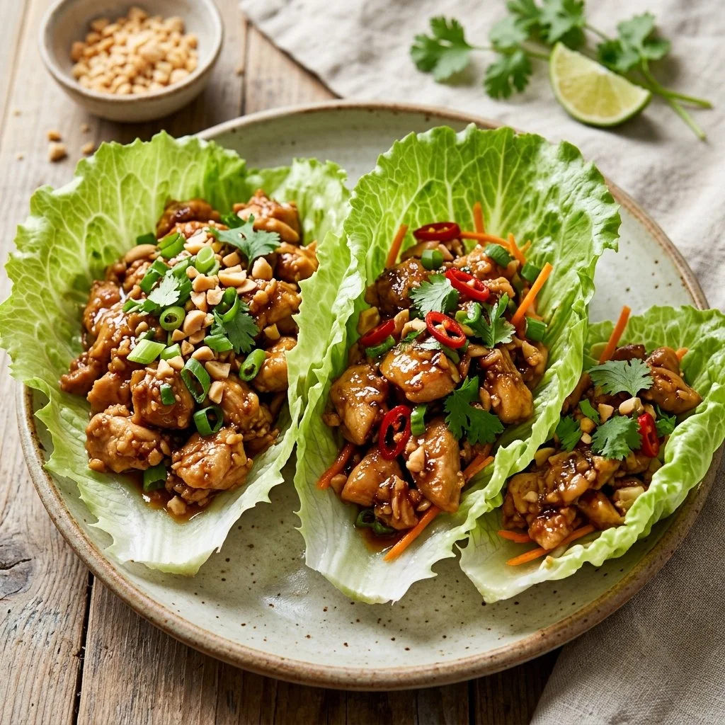 Peanut chicken lettuce wraps served on a plate with fresh vegetables