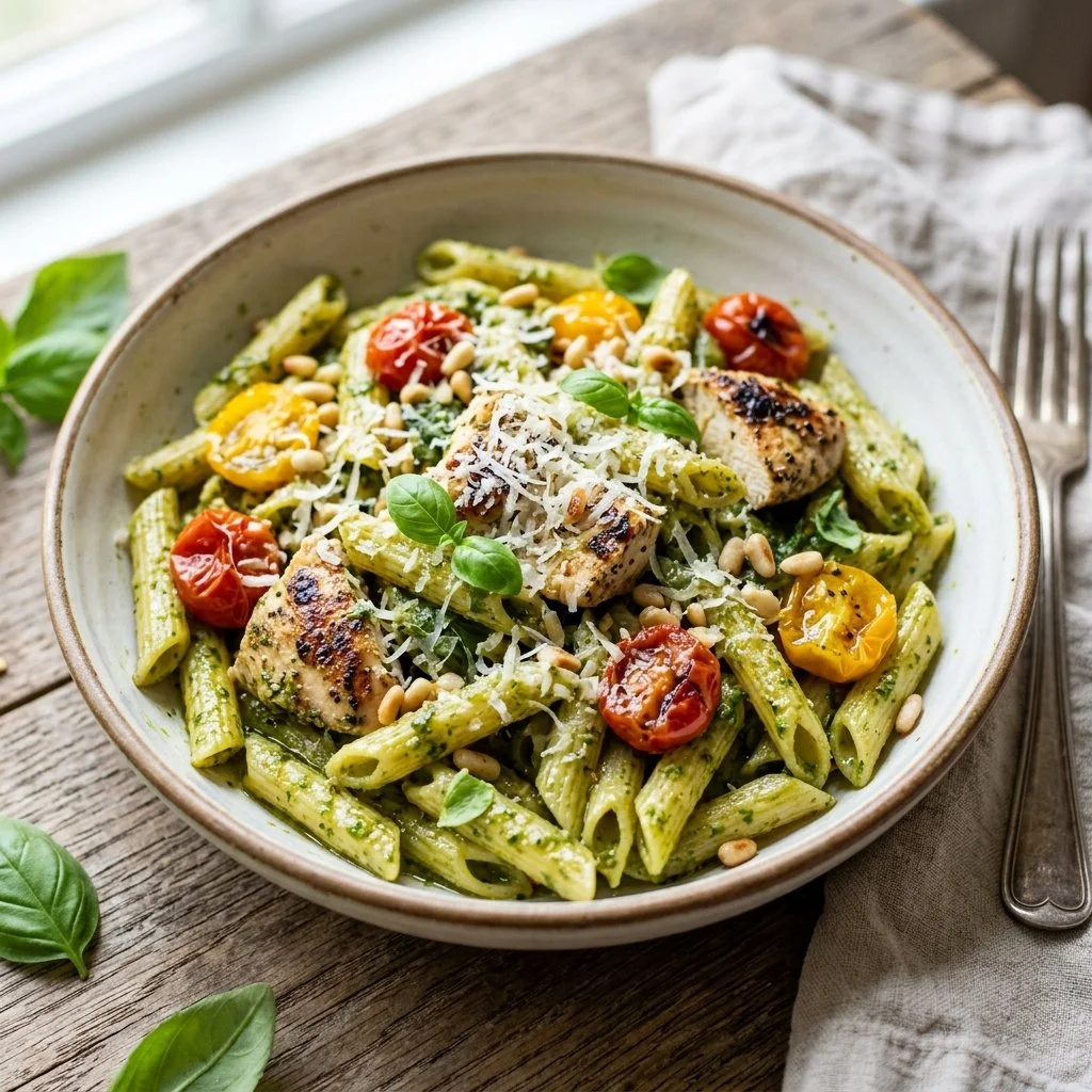Delicious Pesto Chicken Pasta garnished with fresh basil and parmesan