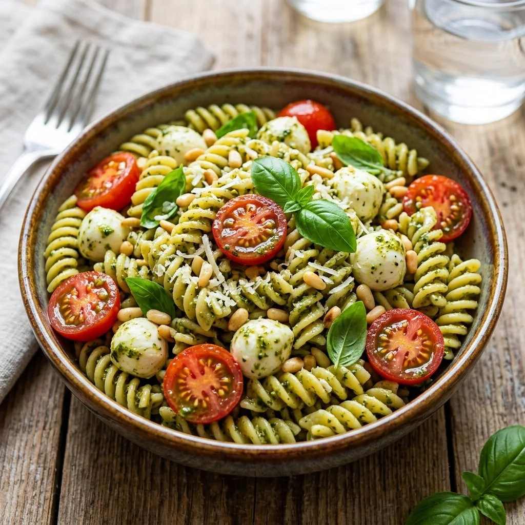 Delicious pesto pasta salad with fresh vegetables and herbs