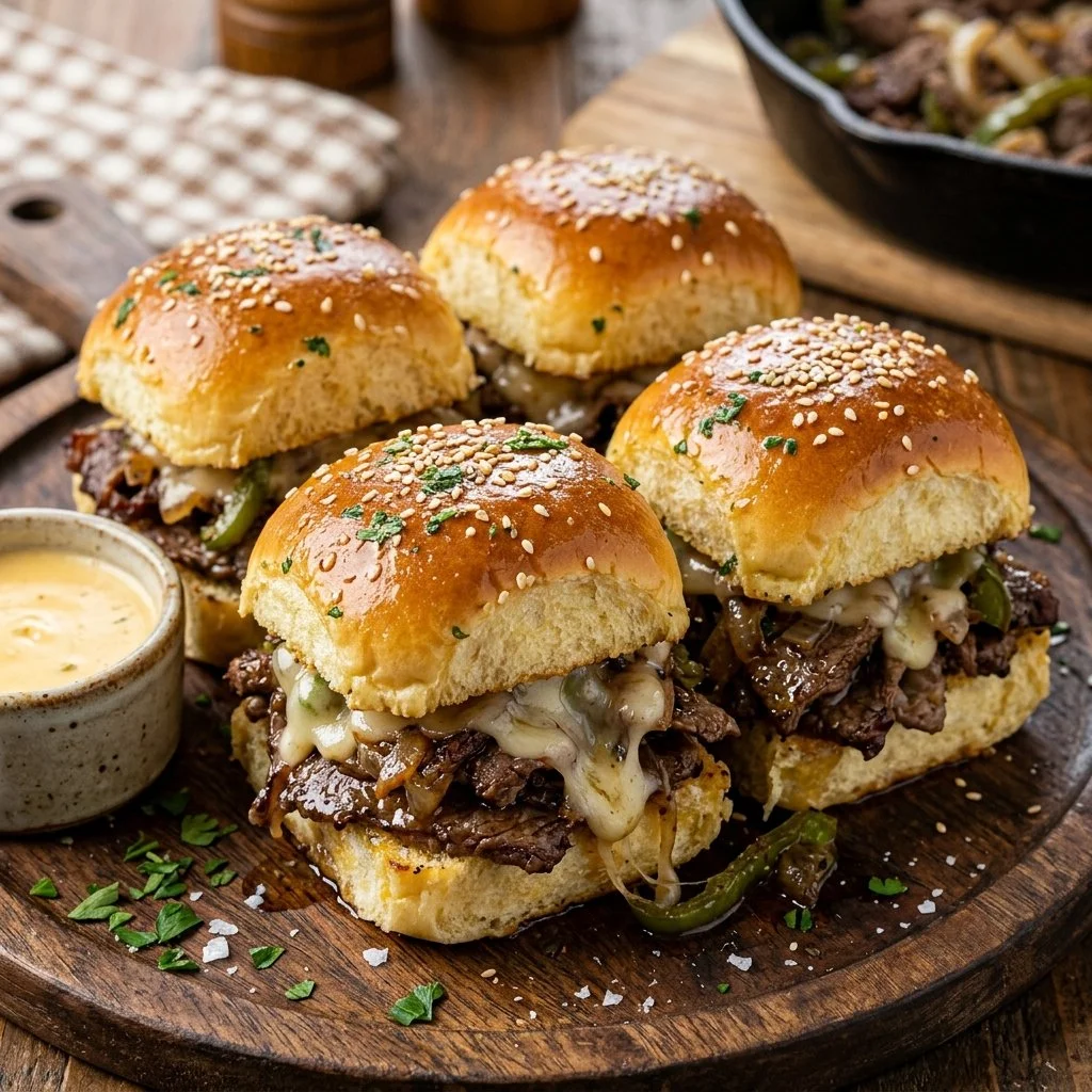 Philly Cheesesteak Sliders topped with melted cheese and sautéed peppers and onions.
