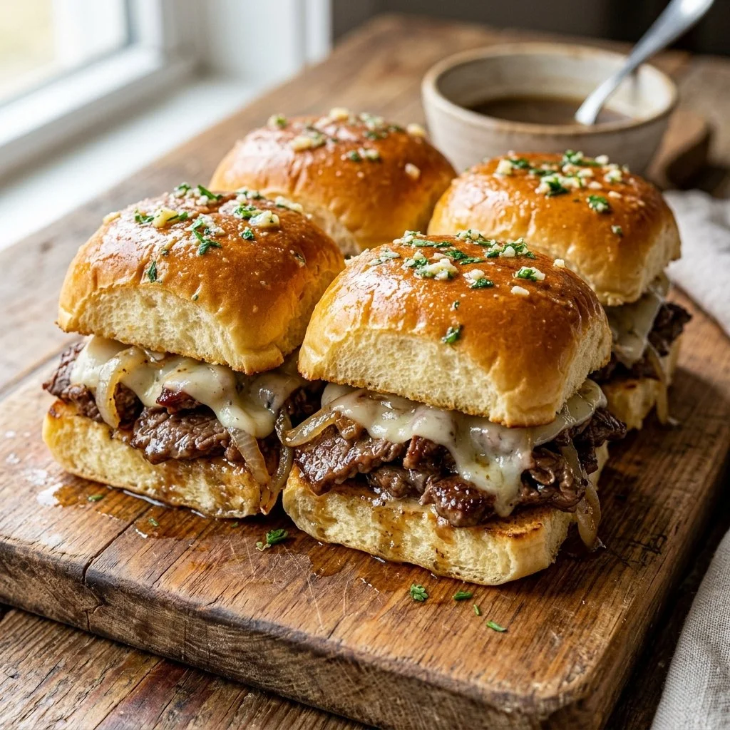 Philly Cheesesteak Sliders filled with cheese and steak on a soft bun
