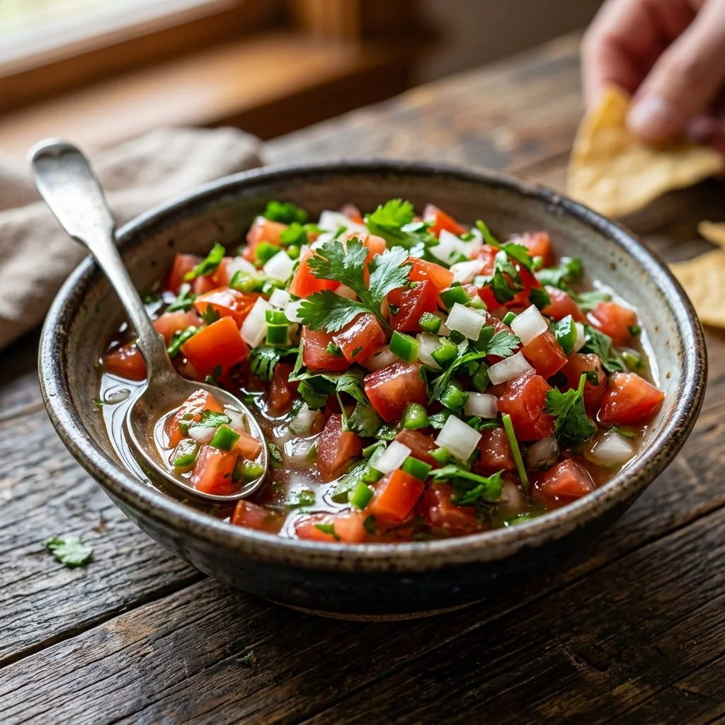 Fresh Pico de Gallo with tomatoes, onions, cilantro, and lime served in a bowl.