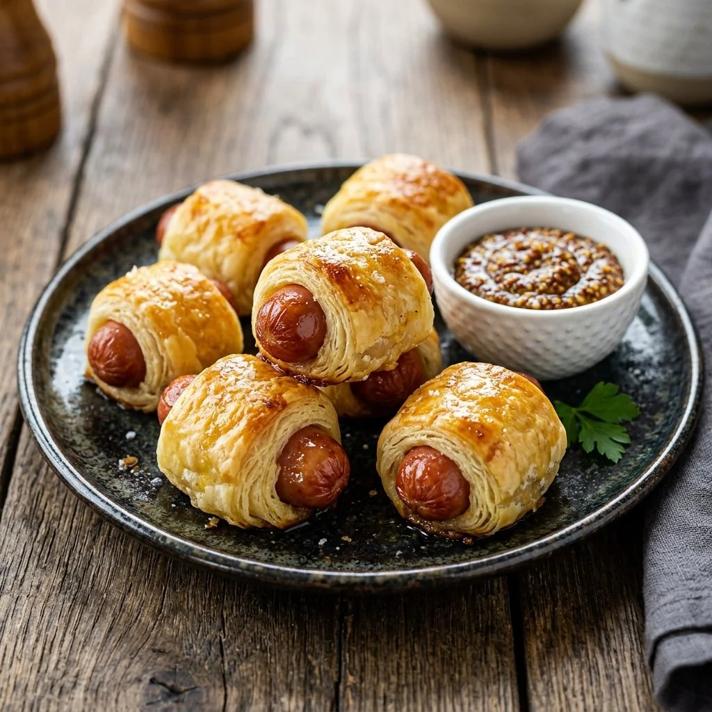 Homemade pigs in a blanket served on a party platter.