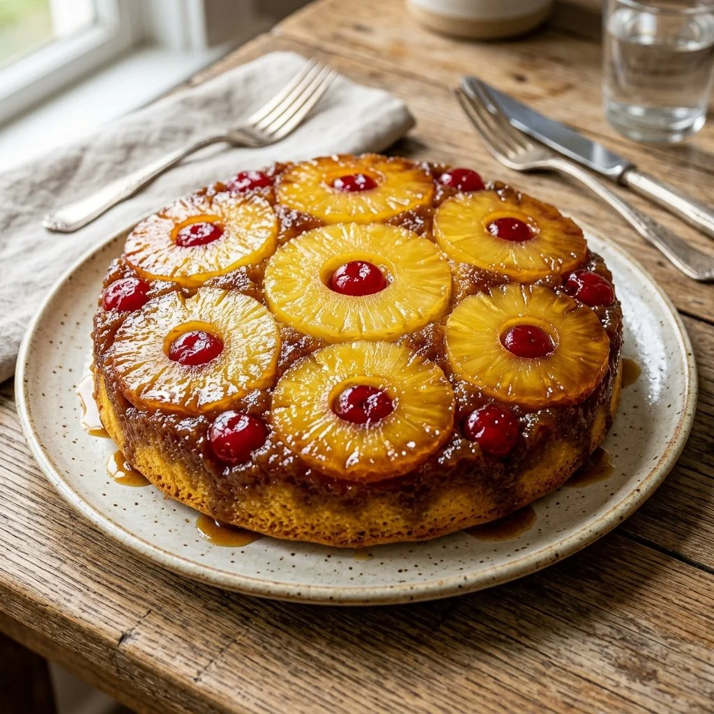Delicious Pineapple Upside Down Cake with caramelized pineapple top