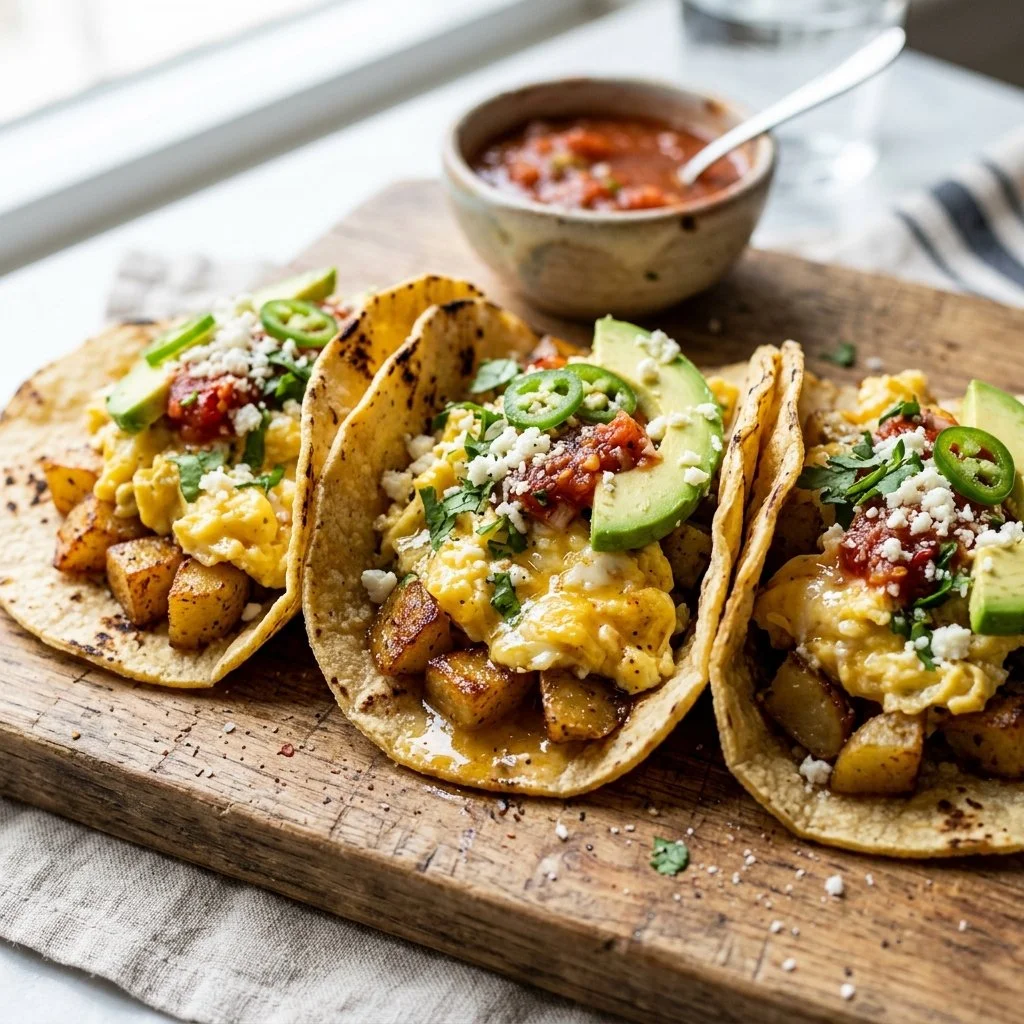 Delicious potato and egg breakfast tacos served on a plate