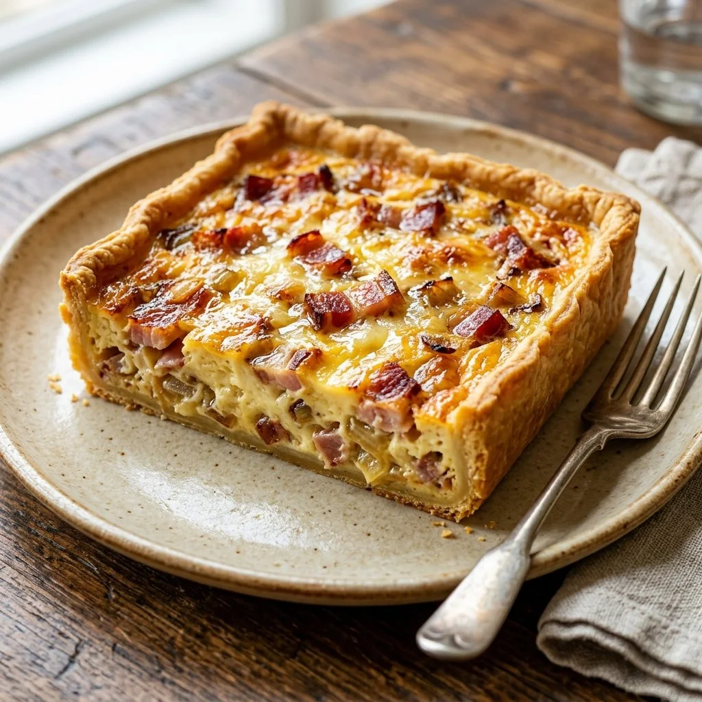 Delicious homemade Quiche Lorraine on a plate with herbs and salad