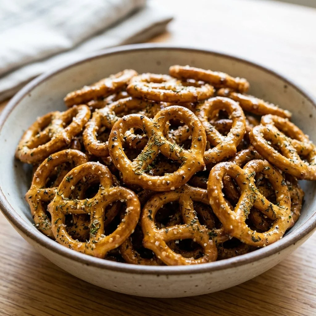 Bowl of ranch seasoned pretzels ready for snacking