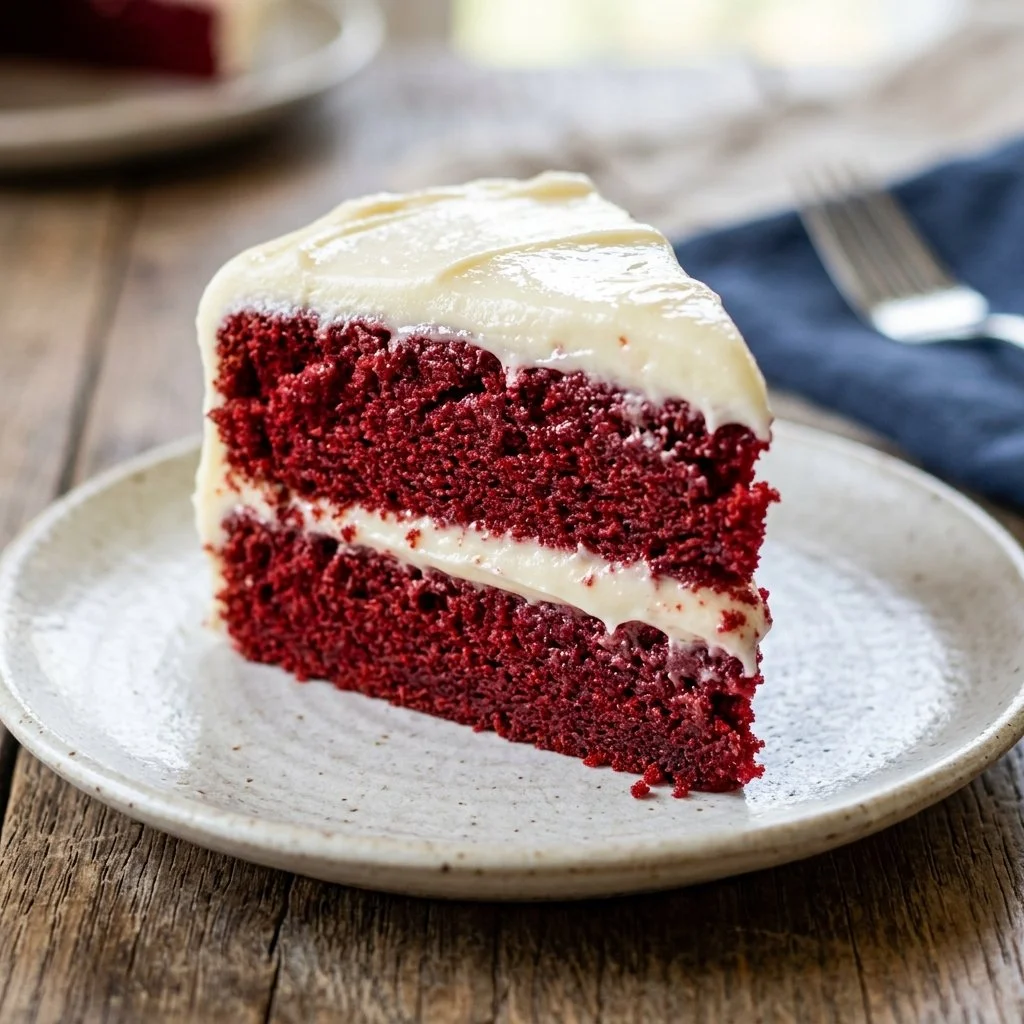 Slice of delicious Red Velvet Cake topped with cream cheese frosting
