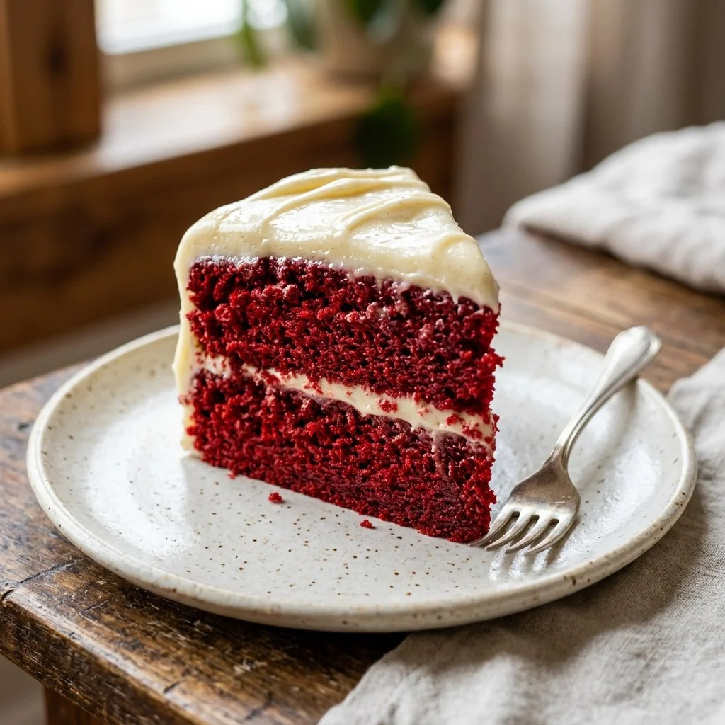 Delicious slice of red velvet cake topped with cream cheese frosting