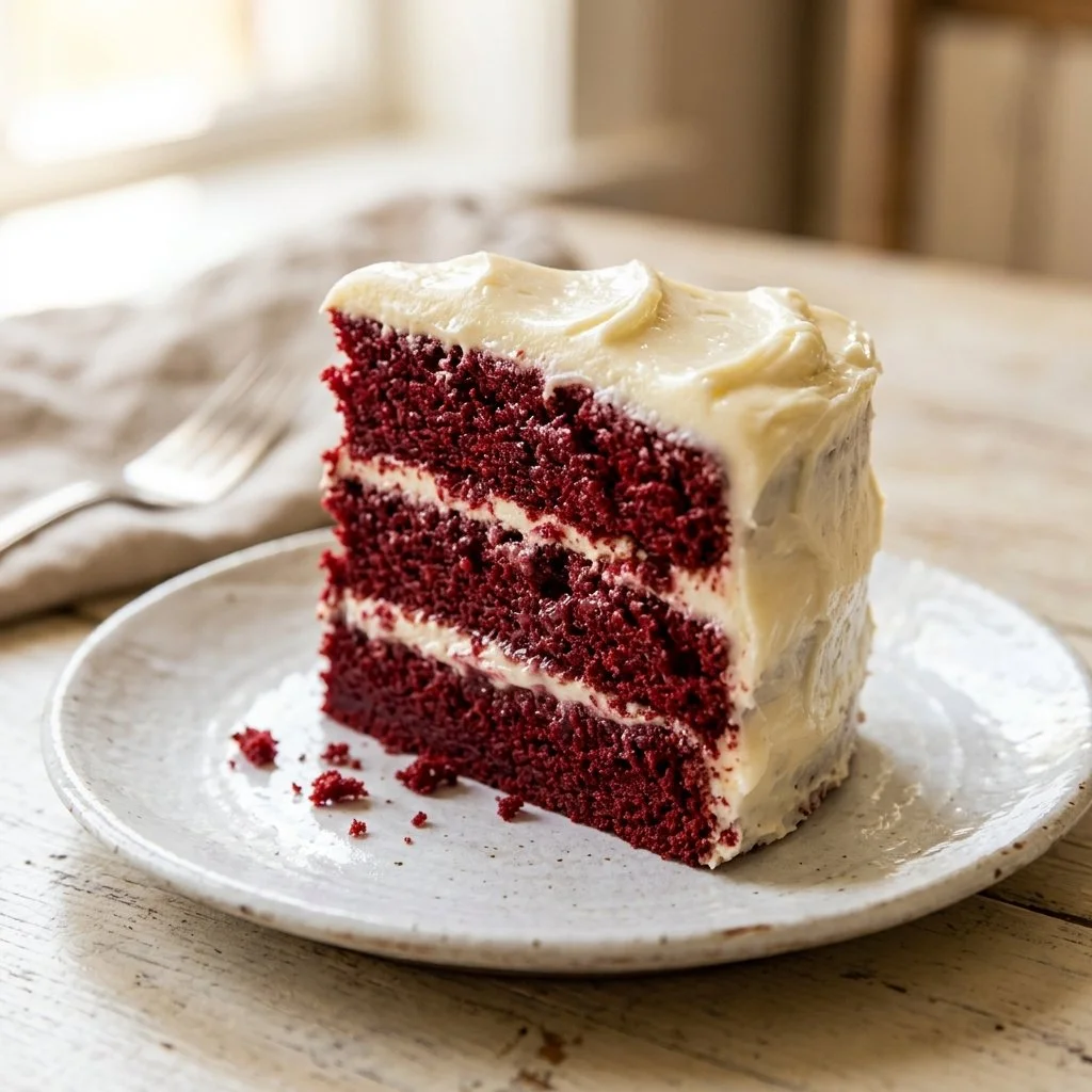Delicious Red Velvet Cake with cream cheese frosting and decorative garnishes