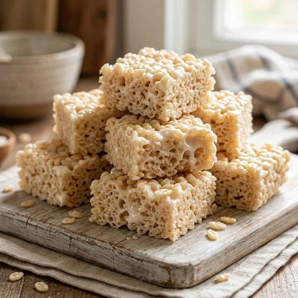 Delicious Rice Krispie Treats stacked on a plate