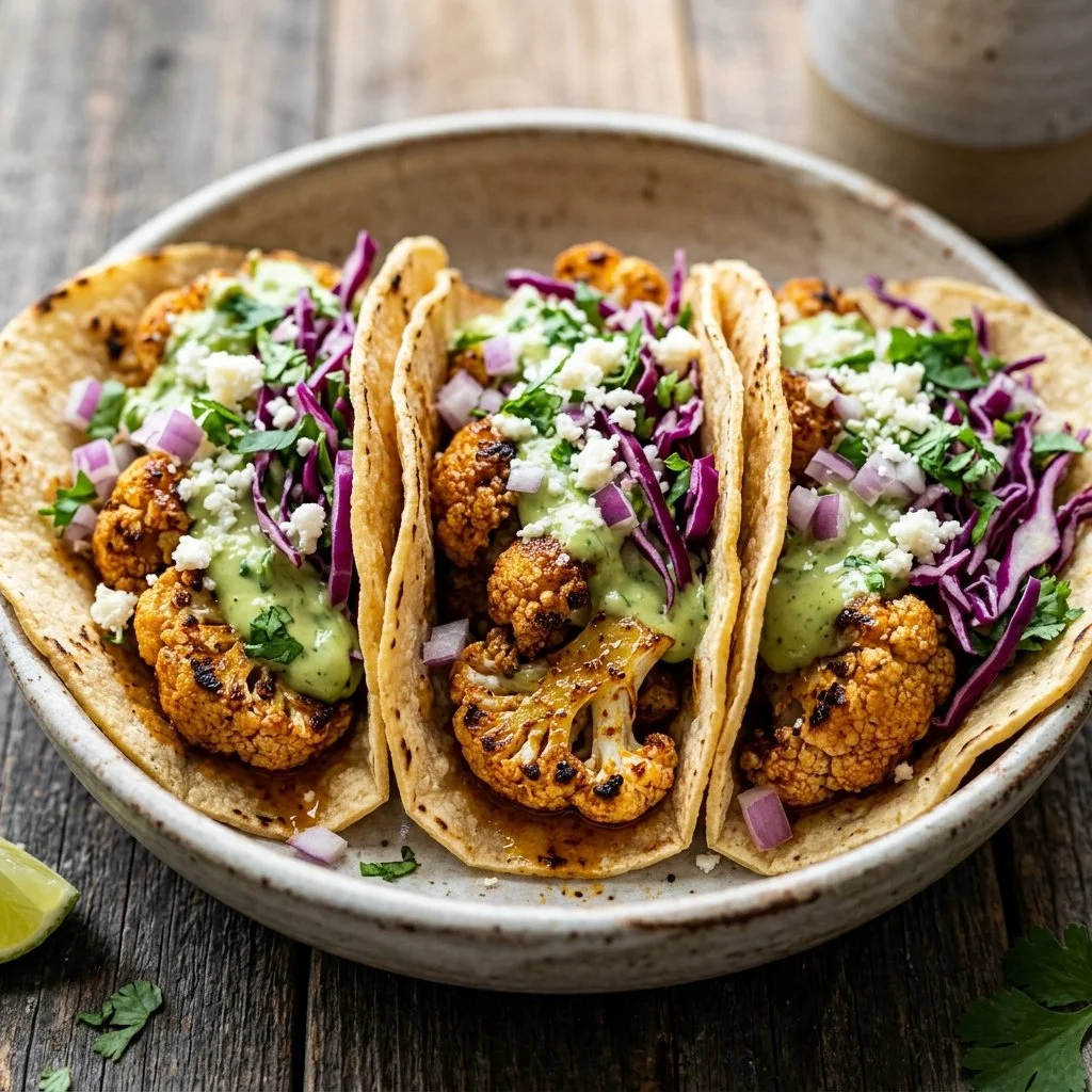 Delicious roasted cauliflower tacos topped with fresh vegetables and spices