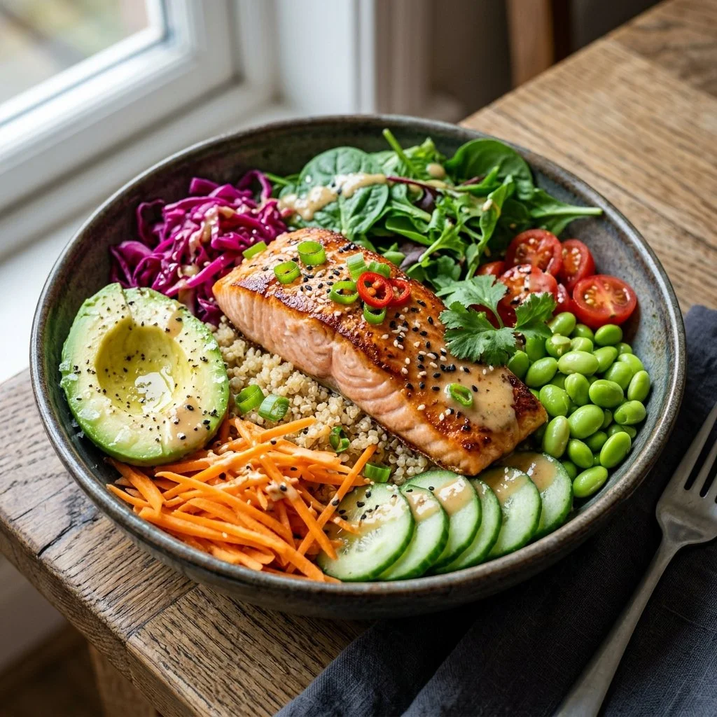 Delicious Salmon Buddha Bowl with fresh vegetables and grains