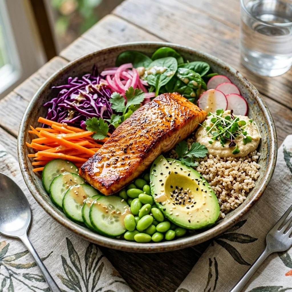 Healthy Salmon Buddha Bowl with vegetables and grains