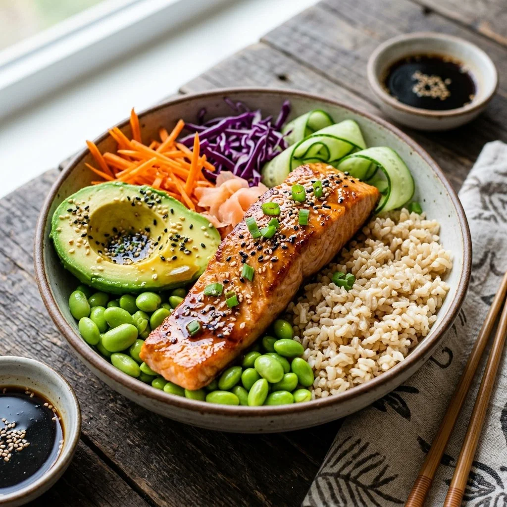Delicious Salmon Buddha Bowl with fresh vegetables and grains for a healthy meal