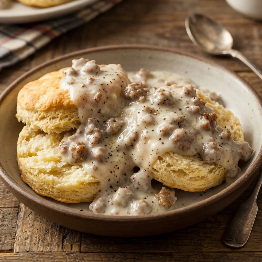 Delicious plate of sausage gravy served over warm biscuits