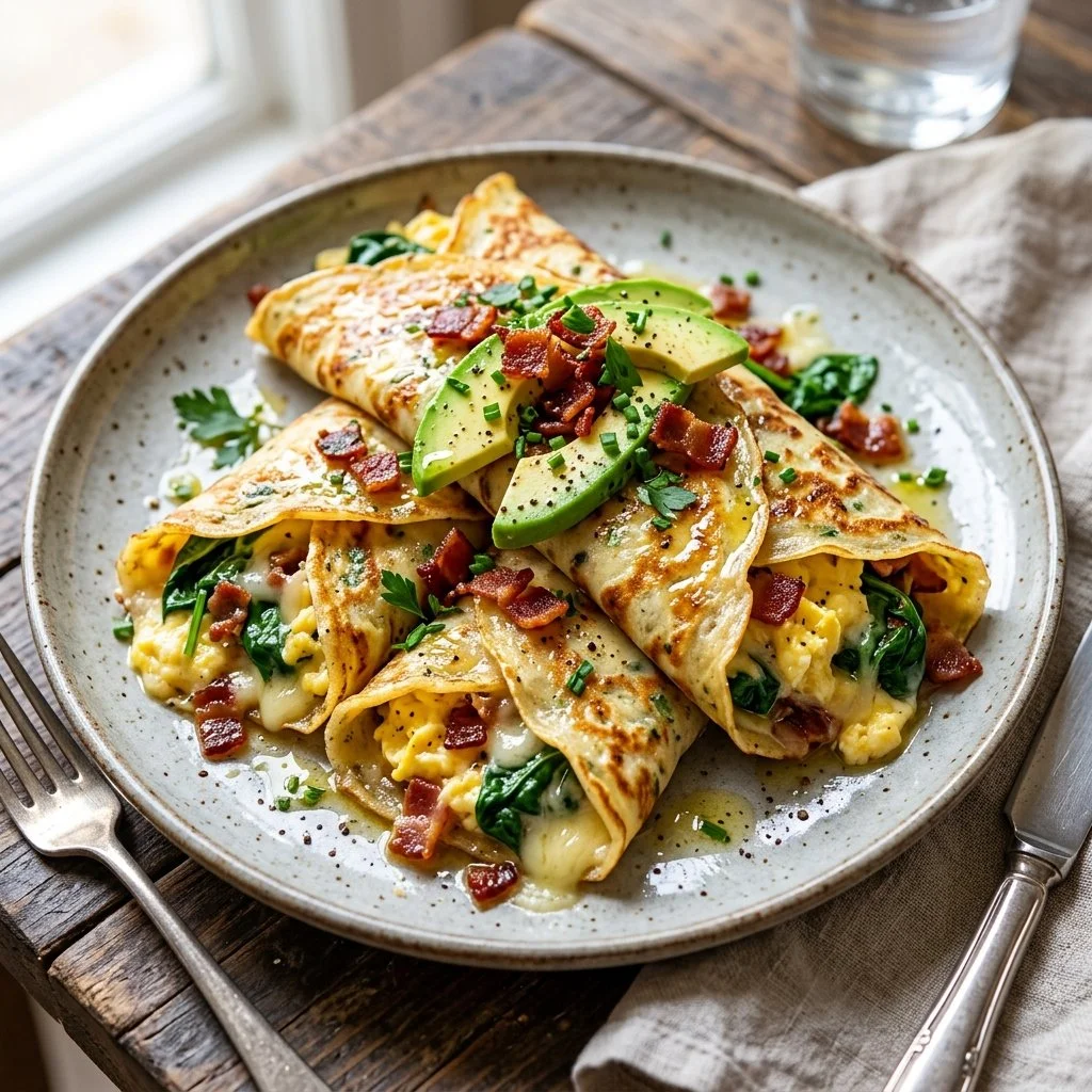 Savory breakfast crepes filled with vegetables and cheese, served on a plate