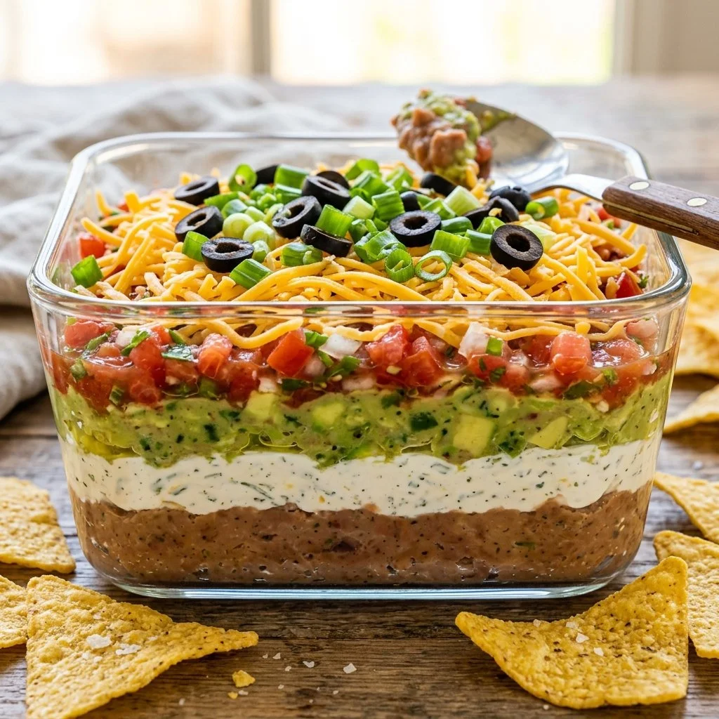 Delicious Seven Layer Dip served in a colorful dish, perfect for parties.