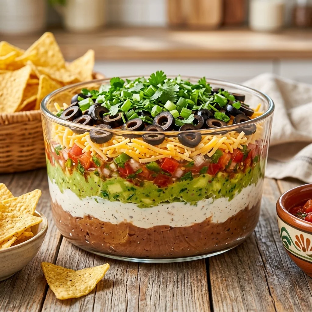 Seven Layer Dip with colorful layers of beans, cheese, guacamole, and more.