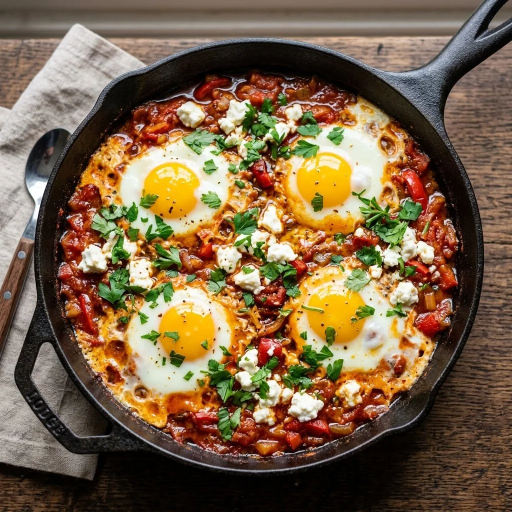 Delicious Shakshuka with Feta served in a skillet with fresh herbs