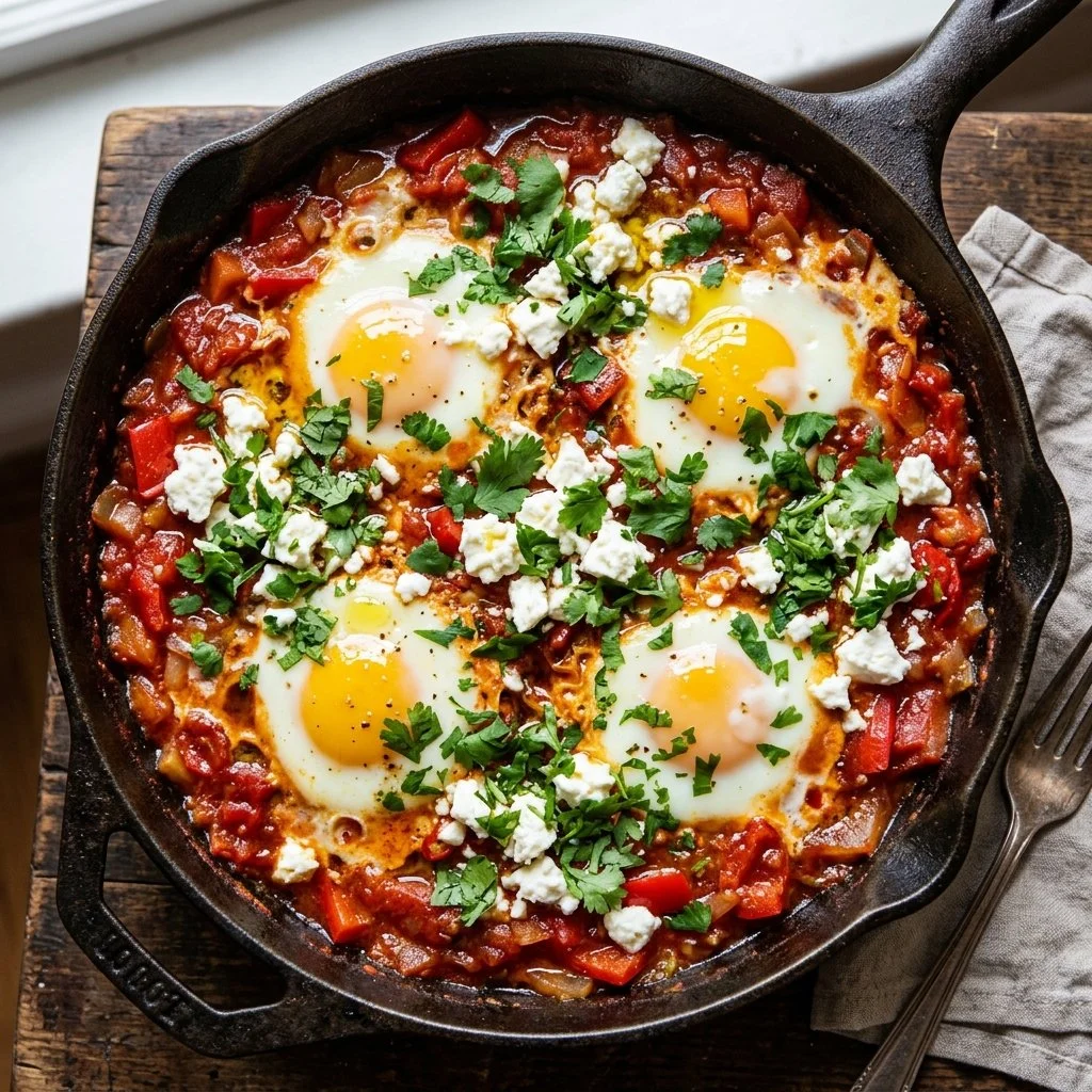 Delicious shakshuka with feta dish served in a skillet