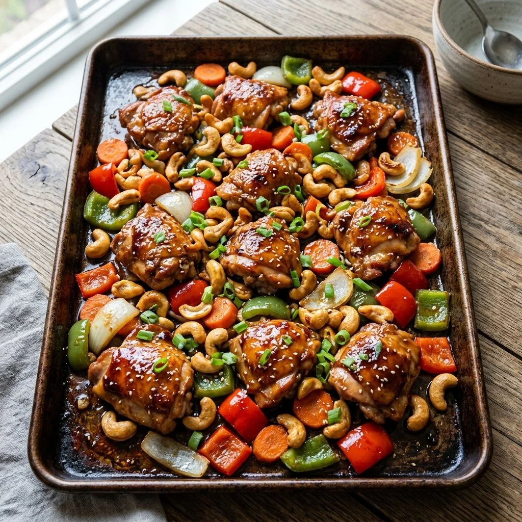Delicious sheet pan cashew chicken with colorful vegetables