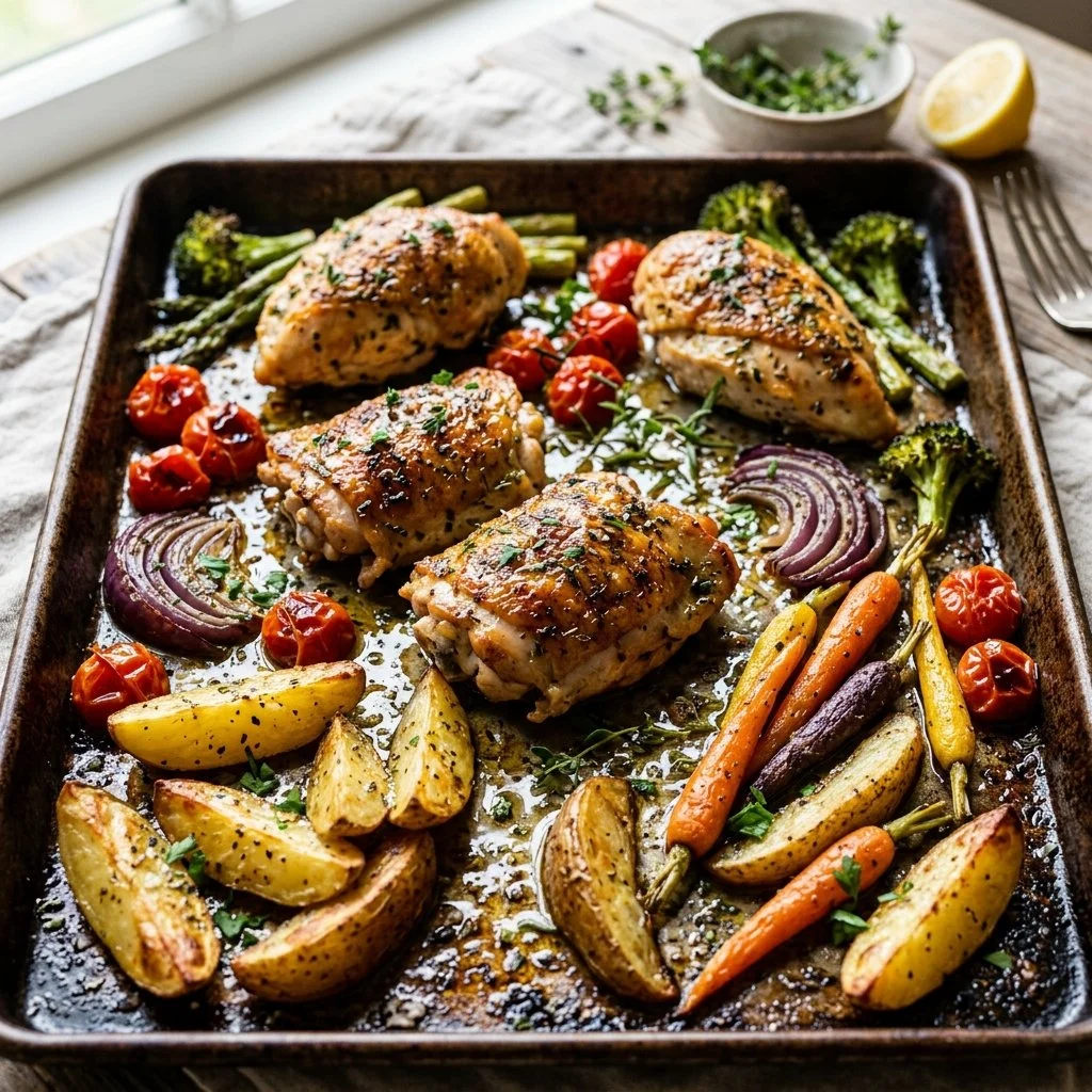 Deliciously roasted Sheet Pan Chicken with colorful vegetables