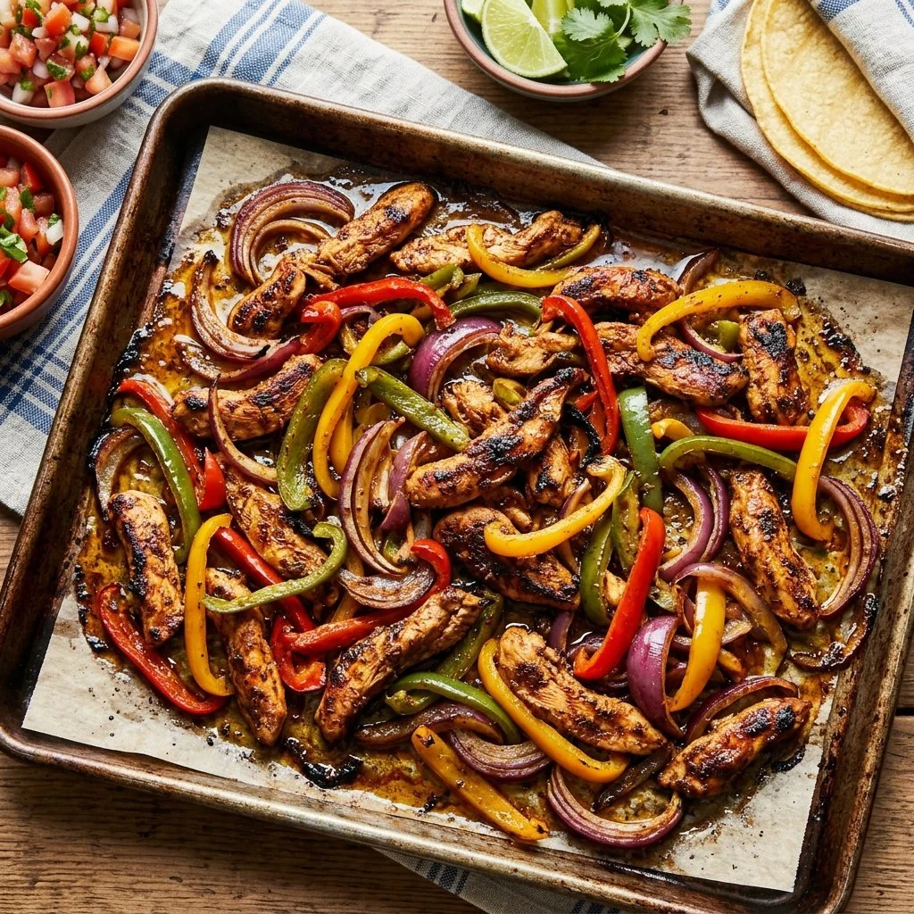 Delicious sheet pan chicken fajitas with colorful peppers and onions