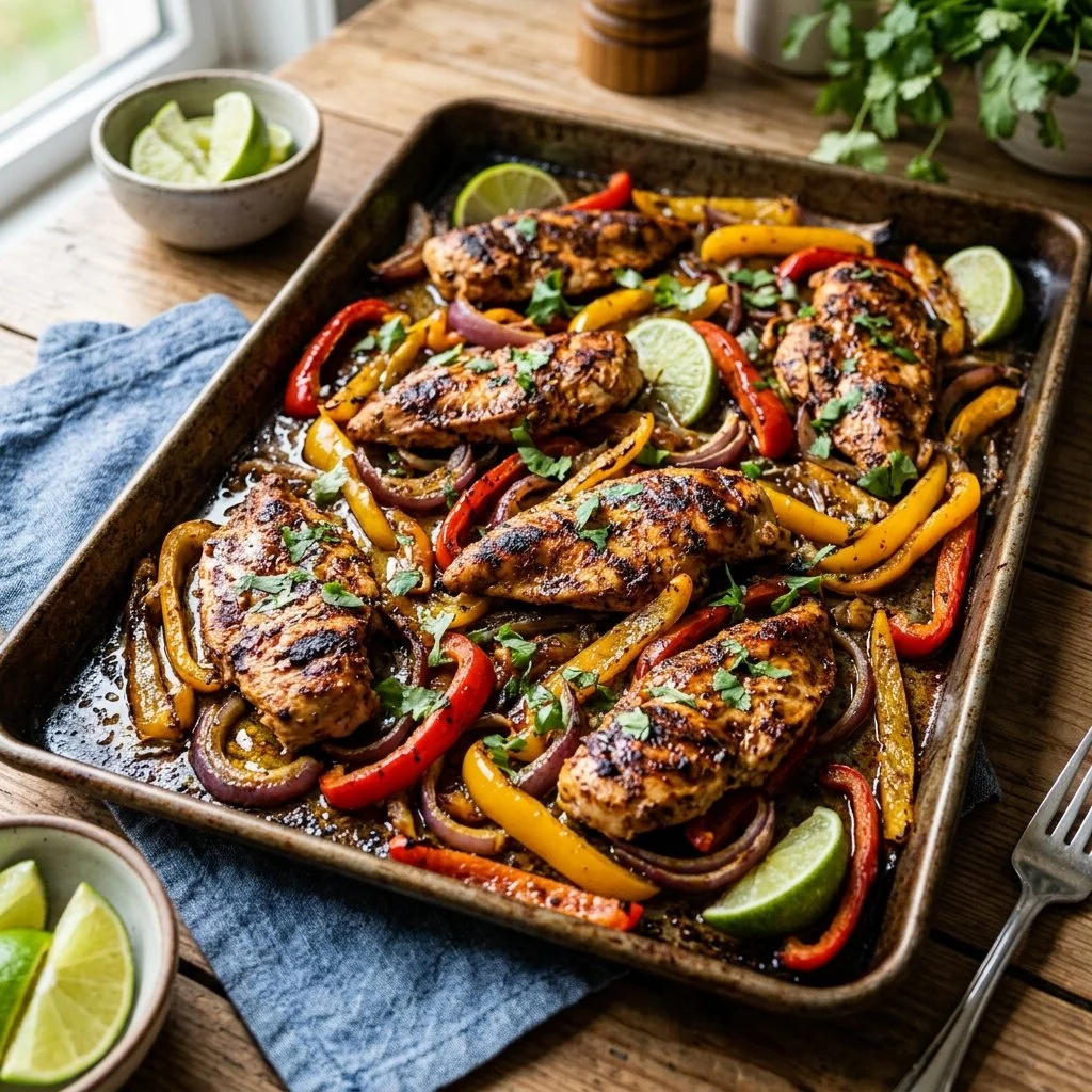 Sheet Pan Chicken Fajitas with colorful peppers and onions on a baking sheet