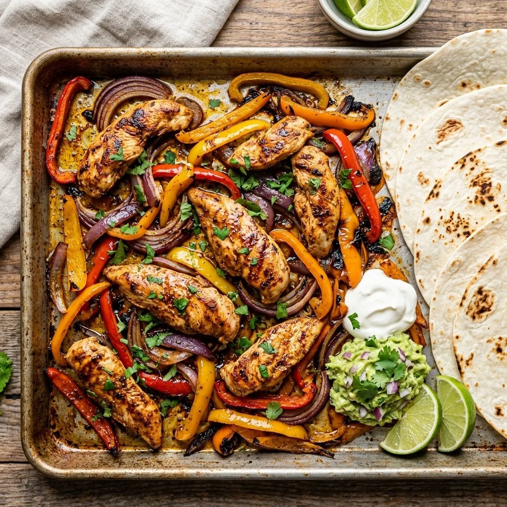 Delicious sheet pan chicken fajitas with colorful bell peppers and onions