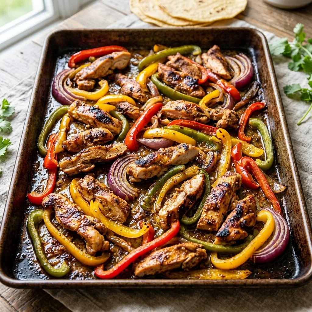 Sheet Pan Chicken Fajitas with colorful peppers and onions on a platter.
