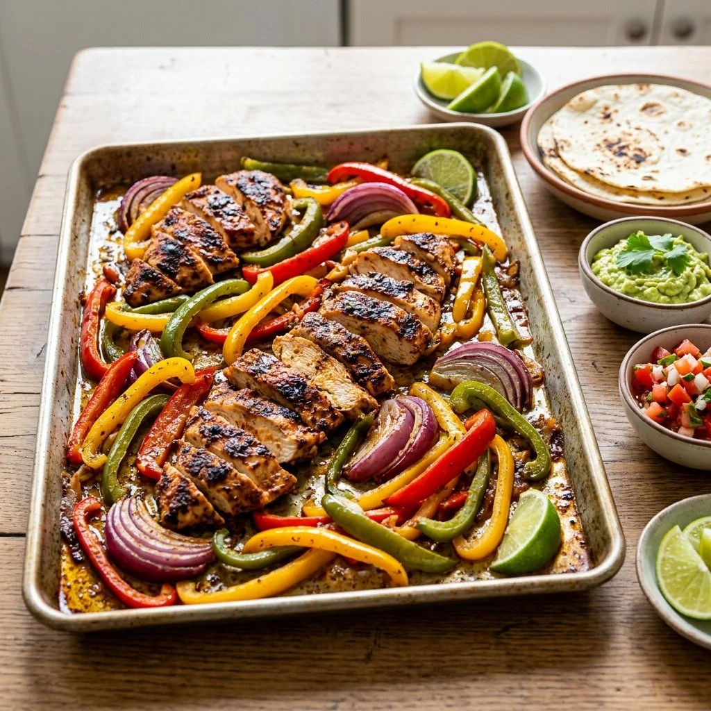 Colorful sheet pan fajitas with peppers and chicken served hot