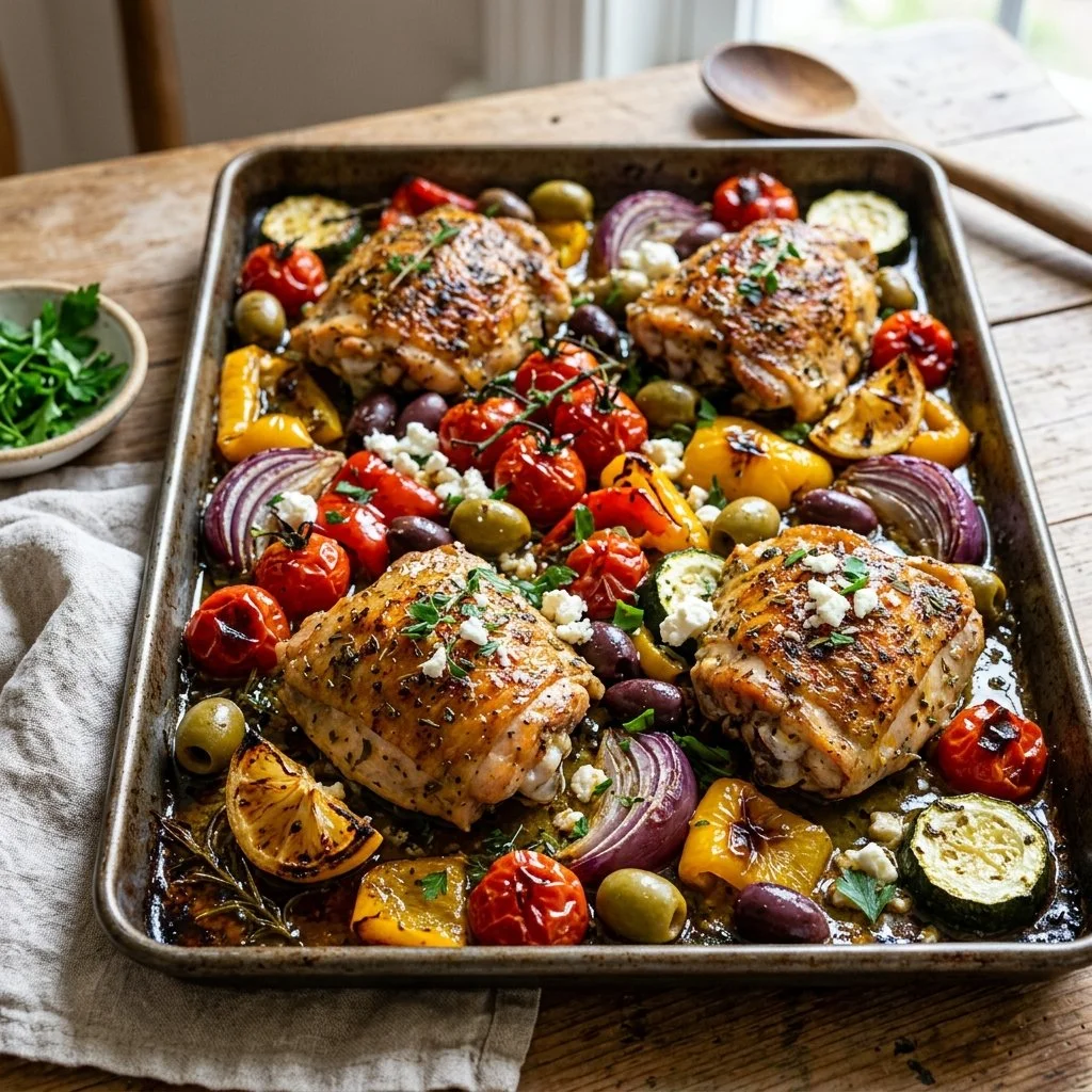Sheet Pan Mediterranean Chicken with colorful vegetables and herbs