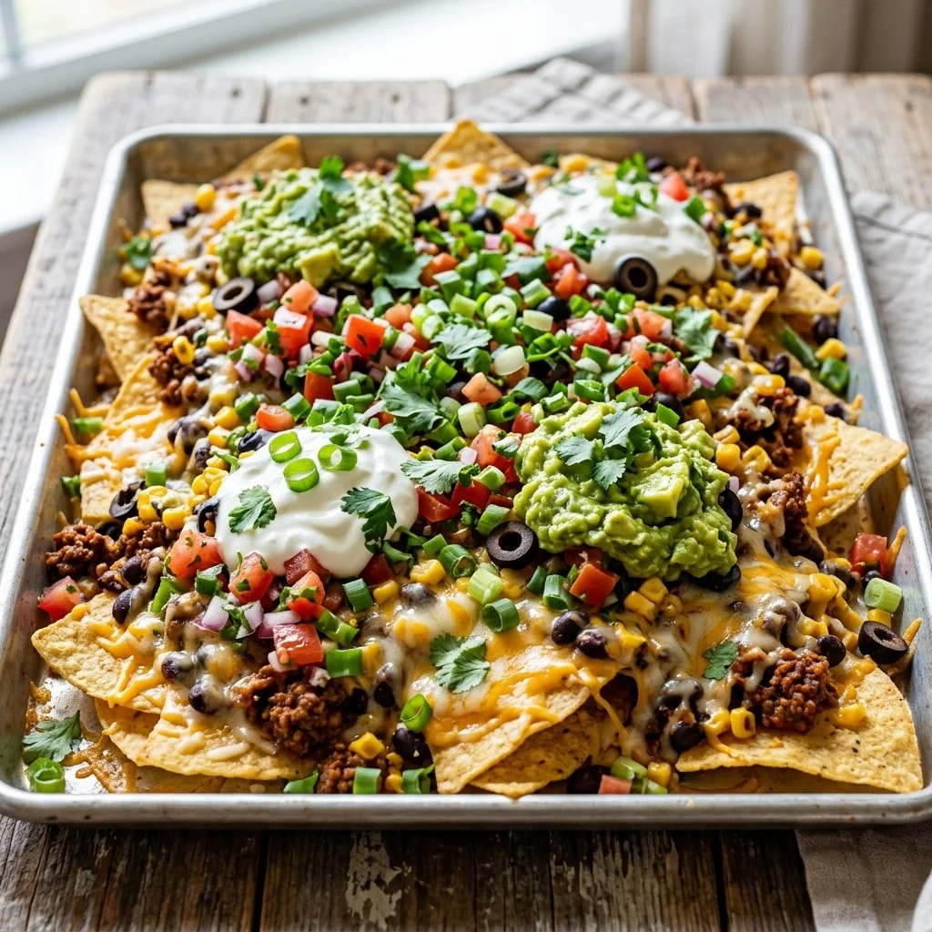 Cheesy Sheet Pan Nachos topped with jalapeños and guacamole