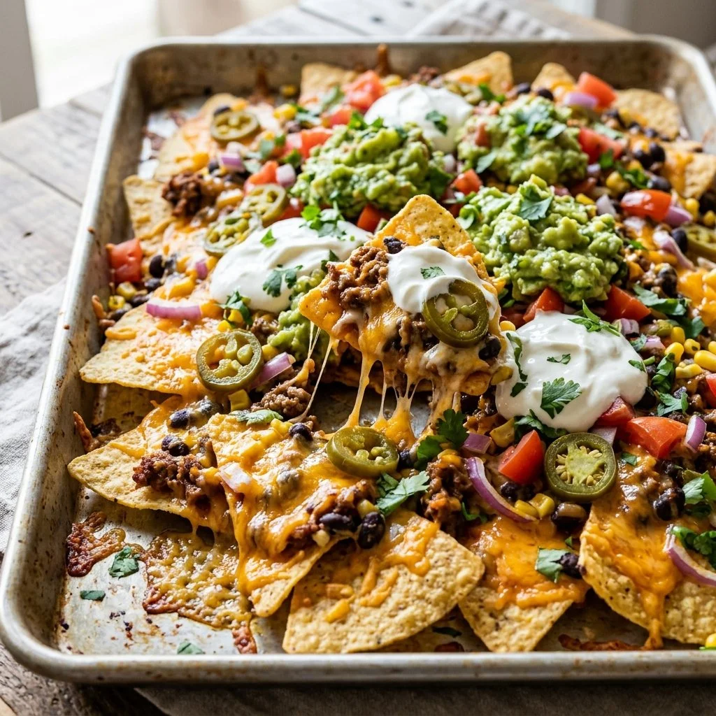 Delicious sheet pan nachos loaded with toppings on a baking tray.