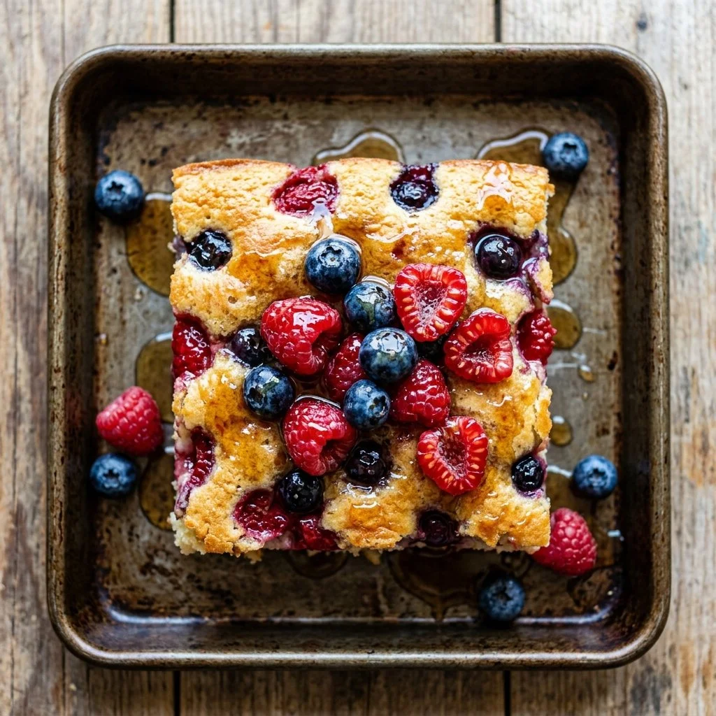 Delicious sheet pan pancakes served with syrup and toppings