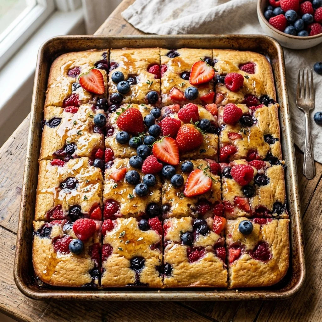 Sheet Pan Pancakes on a baking sheet with fresh berries and syrup