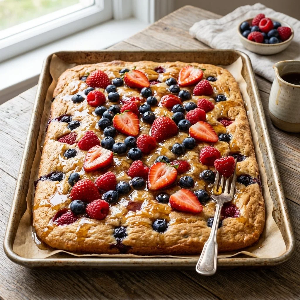 Delicious sheet pan pancakes ready to serve for breakfast