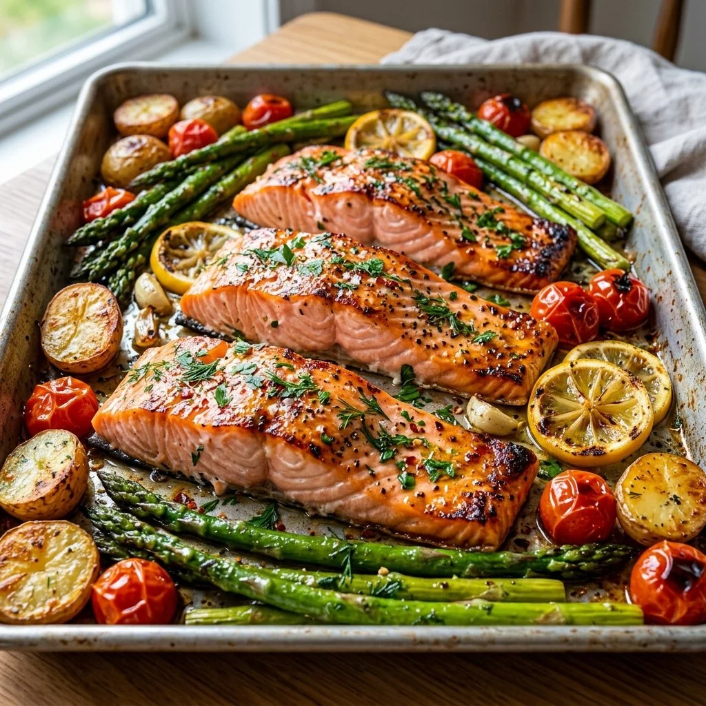 Sheet pan salmon with vegetables, a quick and healthy dinner option