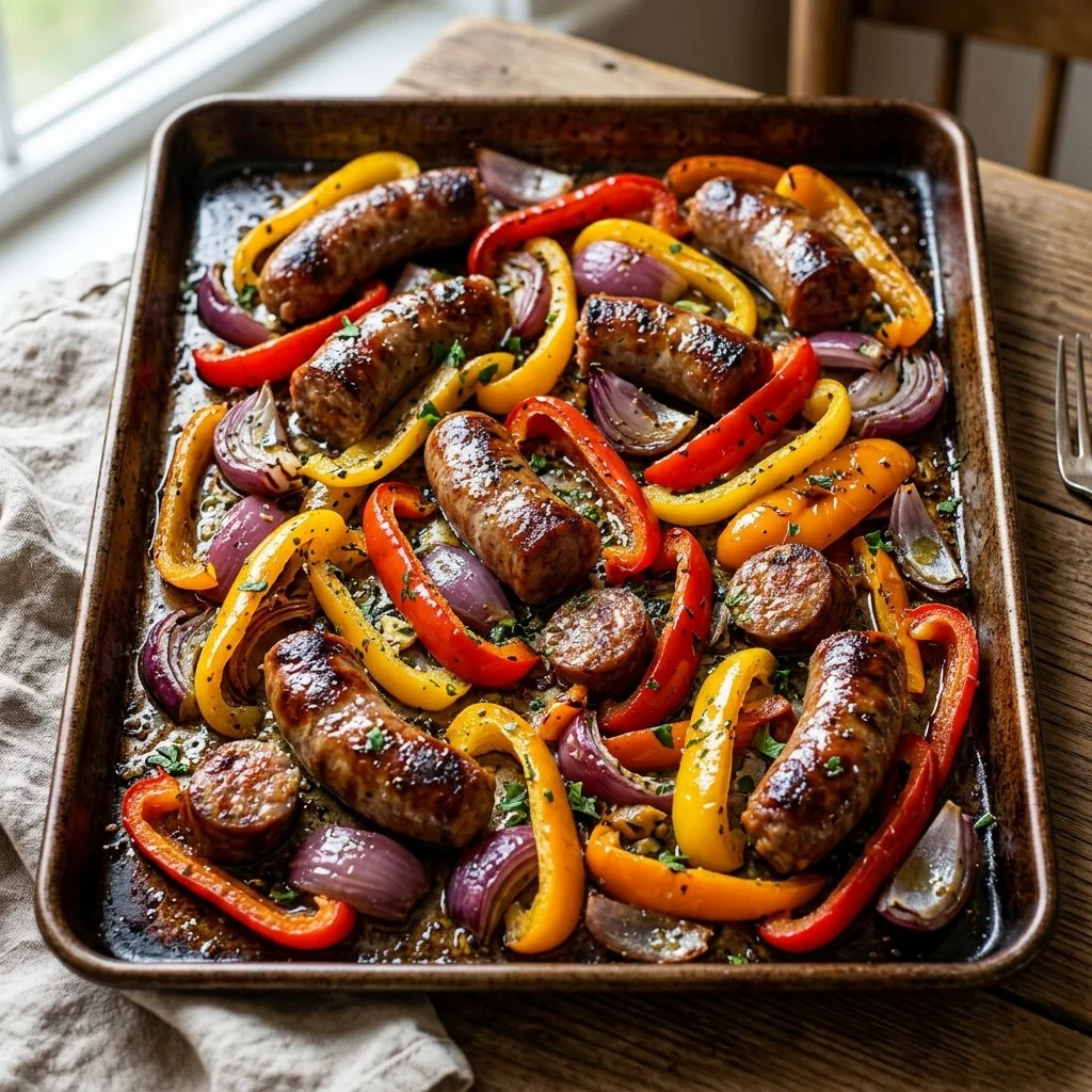 Sheet Pan Sausage and Peppers ready to serve, featuring colorful bell peppers and sausage.