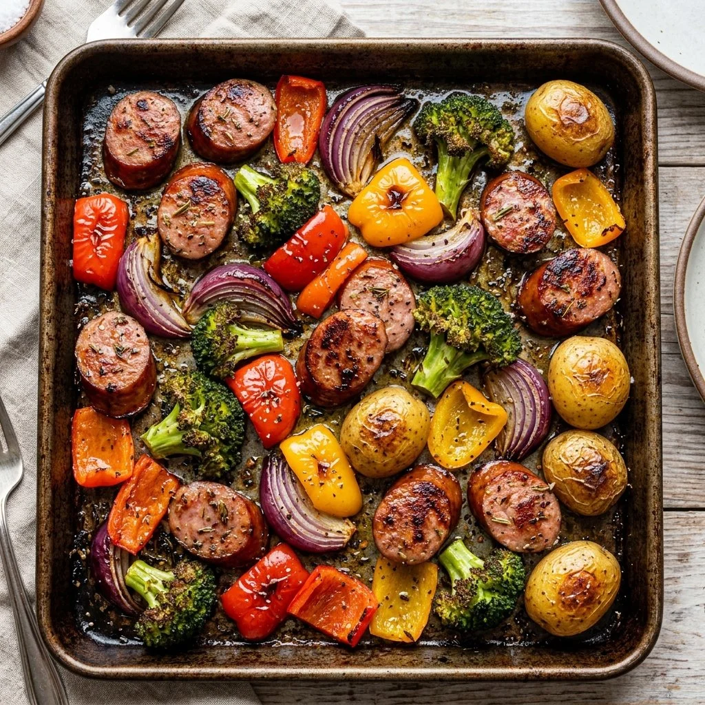 Sheet Pan Sausage and Veggies ready to serve, showcasing vibrant colors and textures.