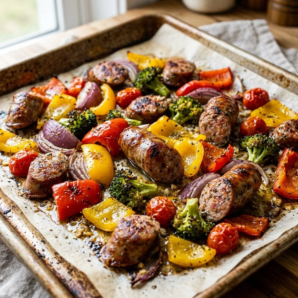 Sheet pan sausage and veggies dish featuring colorful vegetables and savory sausage