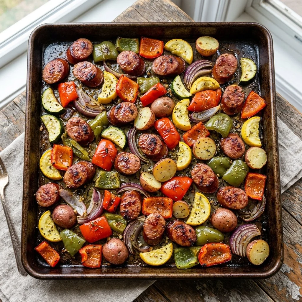 Sheet Pan Sausage and Veggies dish prepared and ready to serve.