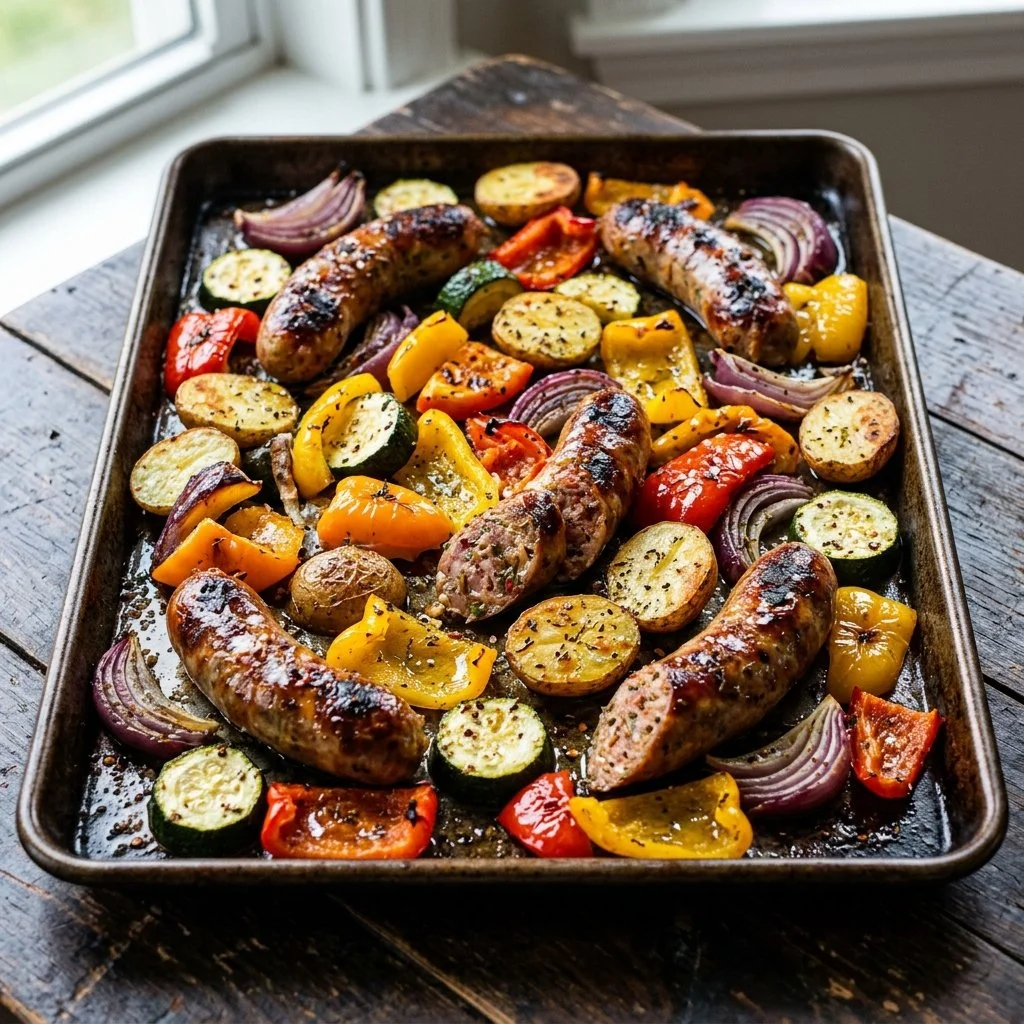Sheet Pan Sausage and Veggies dish ready to serve with vibrant colors.