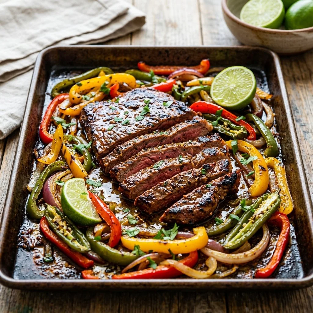 Sheet pan steak fajitas ready to serve with colorful peppers and onions
