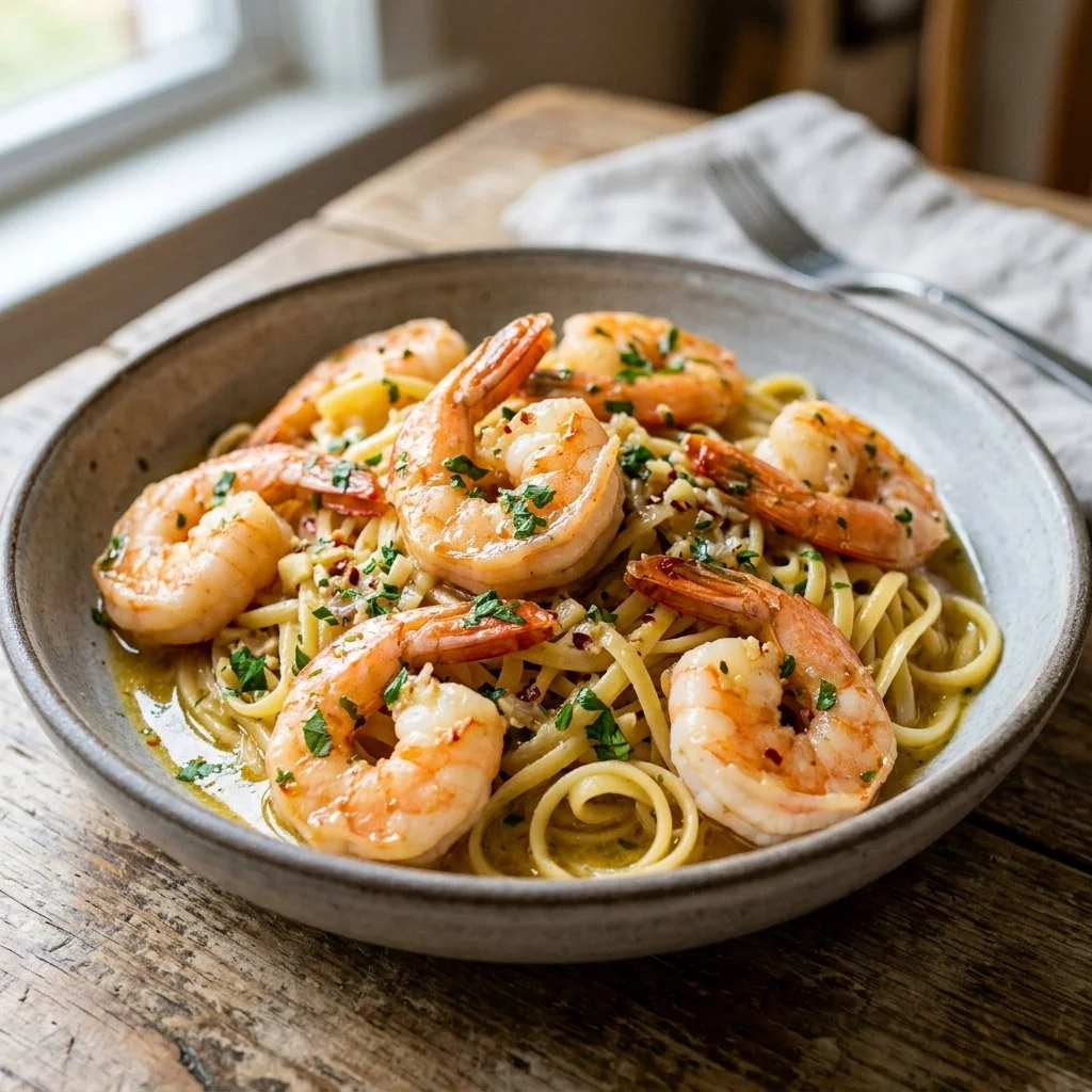 Delicious Shrimp Scampi served with garlic butter and pasta