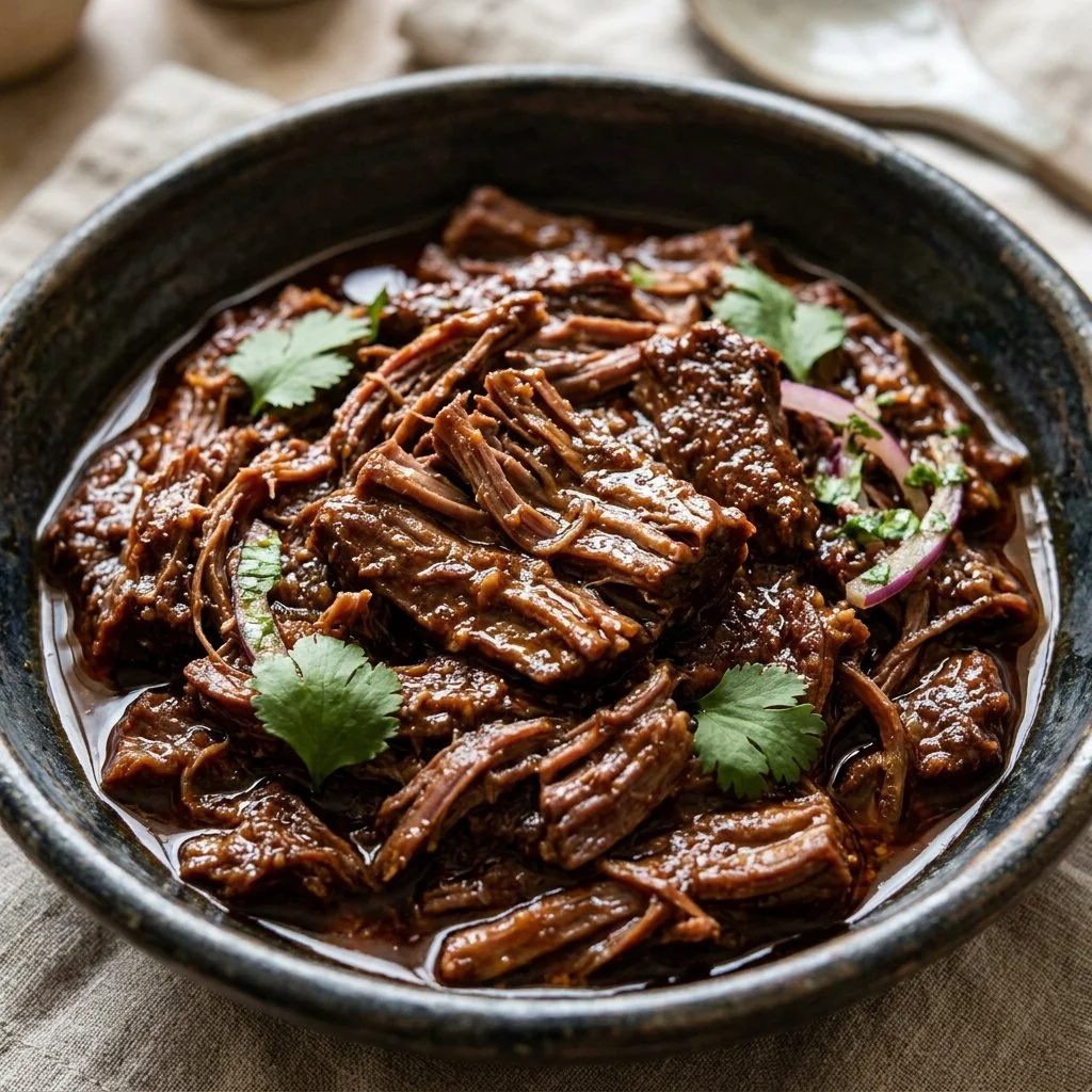 Delicious slow cooker barbacoa served in a taco with fresh toppings