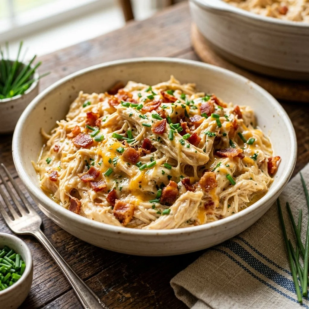 Delicious slow cooker crack chicken served on a plate with toppings